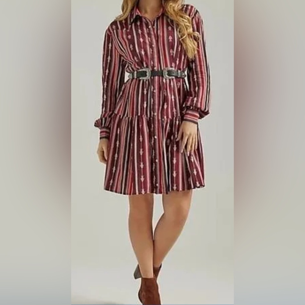 Wrangler Retro Burgundy/red Port Royale Western Pearl Snap Tiered Dress Sz M